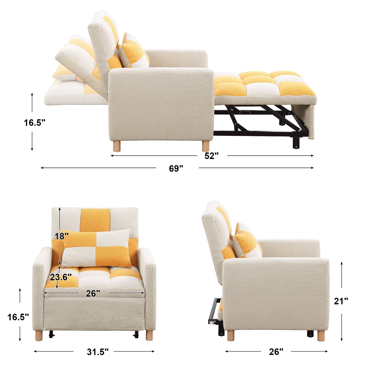 3-in-1 Convertible Sleeper Chair Bed Yellow P2897