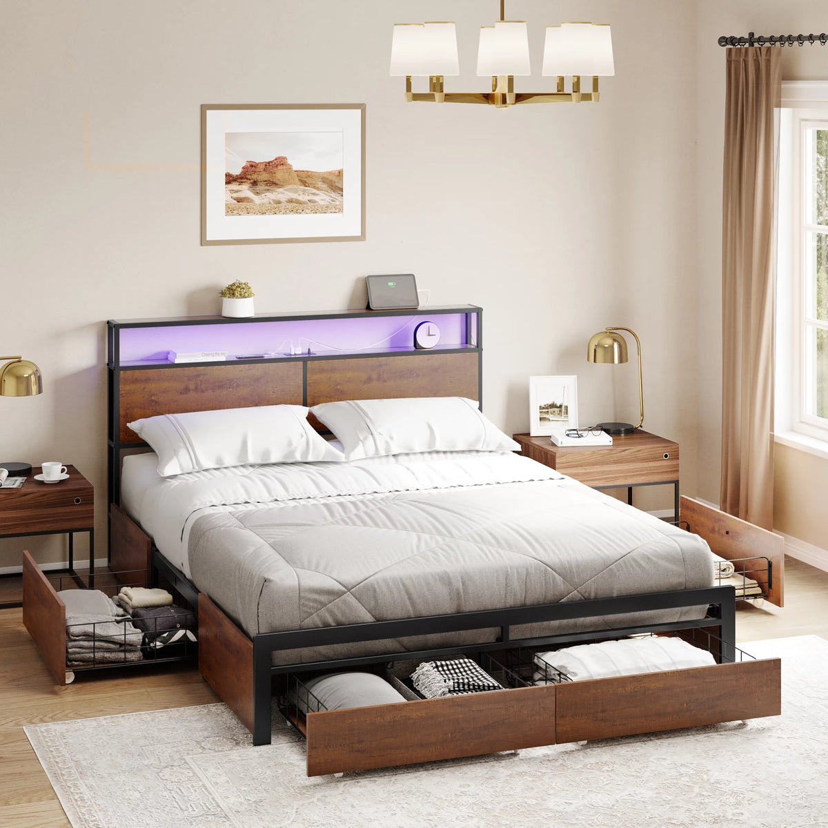 Queen Size Bed Frame with Headboard and 4 Storage Drawers X51551