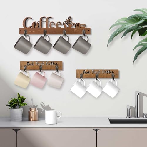 3 Pack Wall Mounted Wooden Coffee Mug Shelf with 10 Hooks D5071