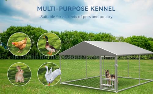 Large Outdoor Galvanized Steel Dog Kennel with Cover, 90" L x 90" W x 65" H Z323042