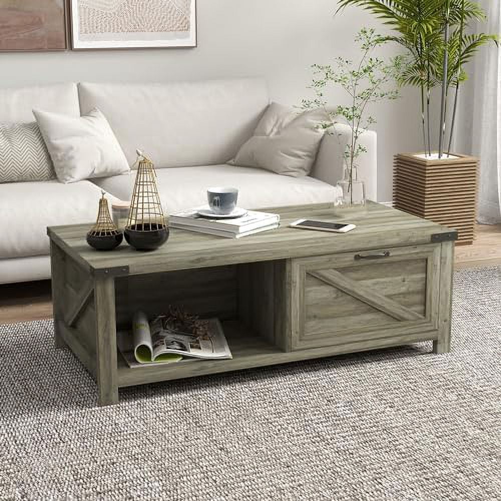 White Farmhouse Coffee Table with Drawer and Open Shelf K797119