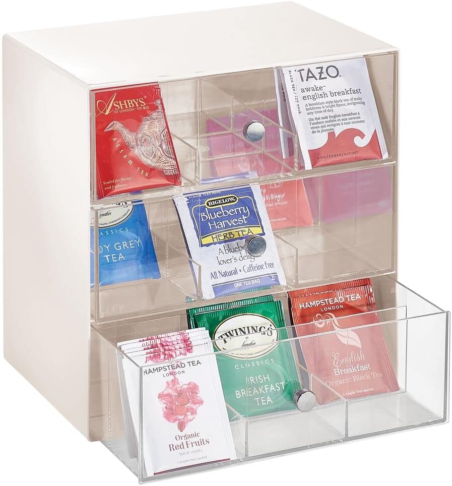 White/Clear Plastic 3 Drawer Tea Bag Caddy Box Storage Container Organizer Holder U734