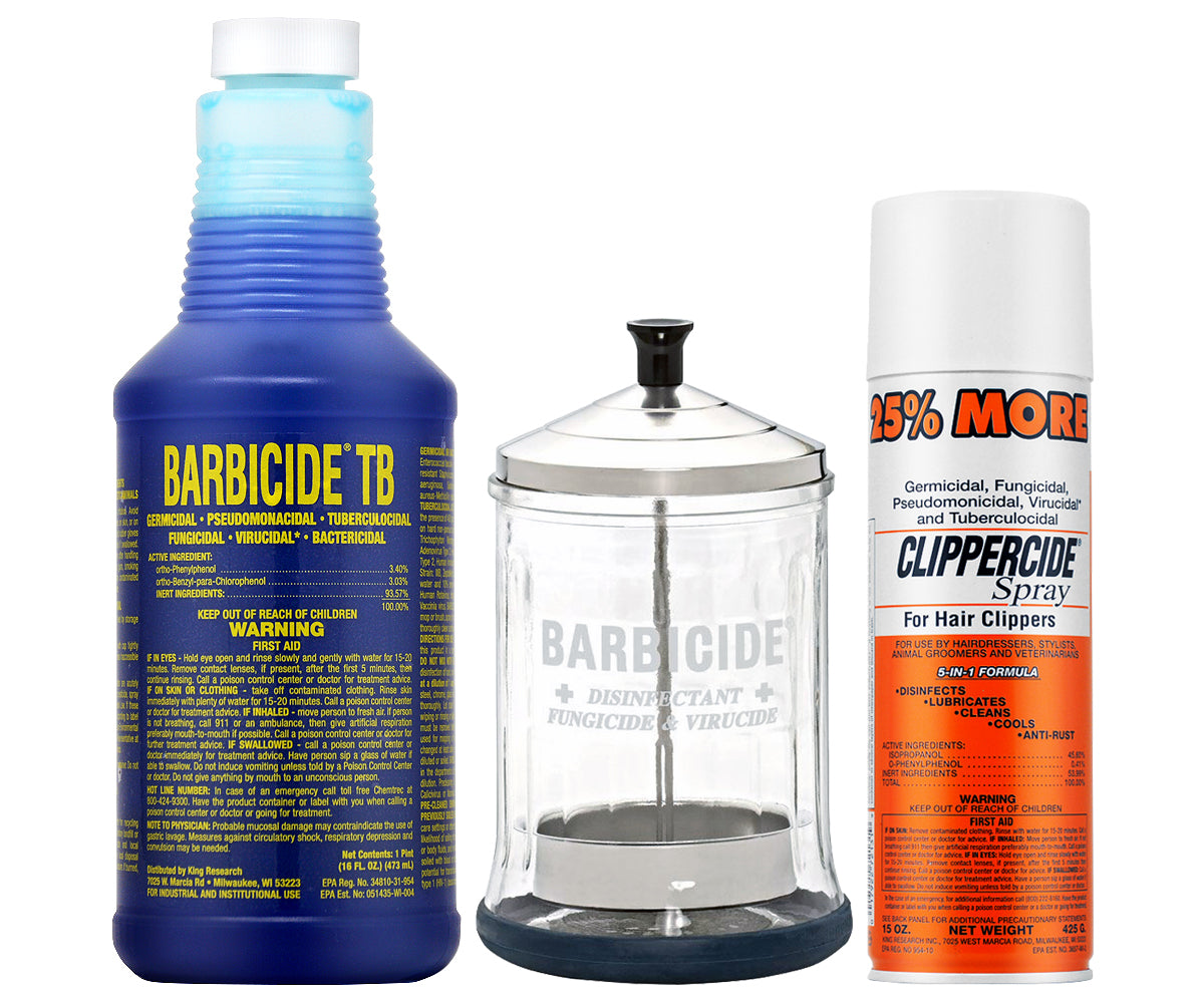 Barbicide Disinfectant TB 16oz + Disinfectant Mid Jar + Clippercide Spray 15oz A600