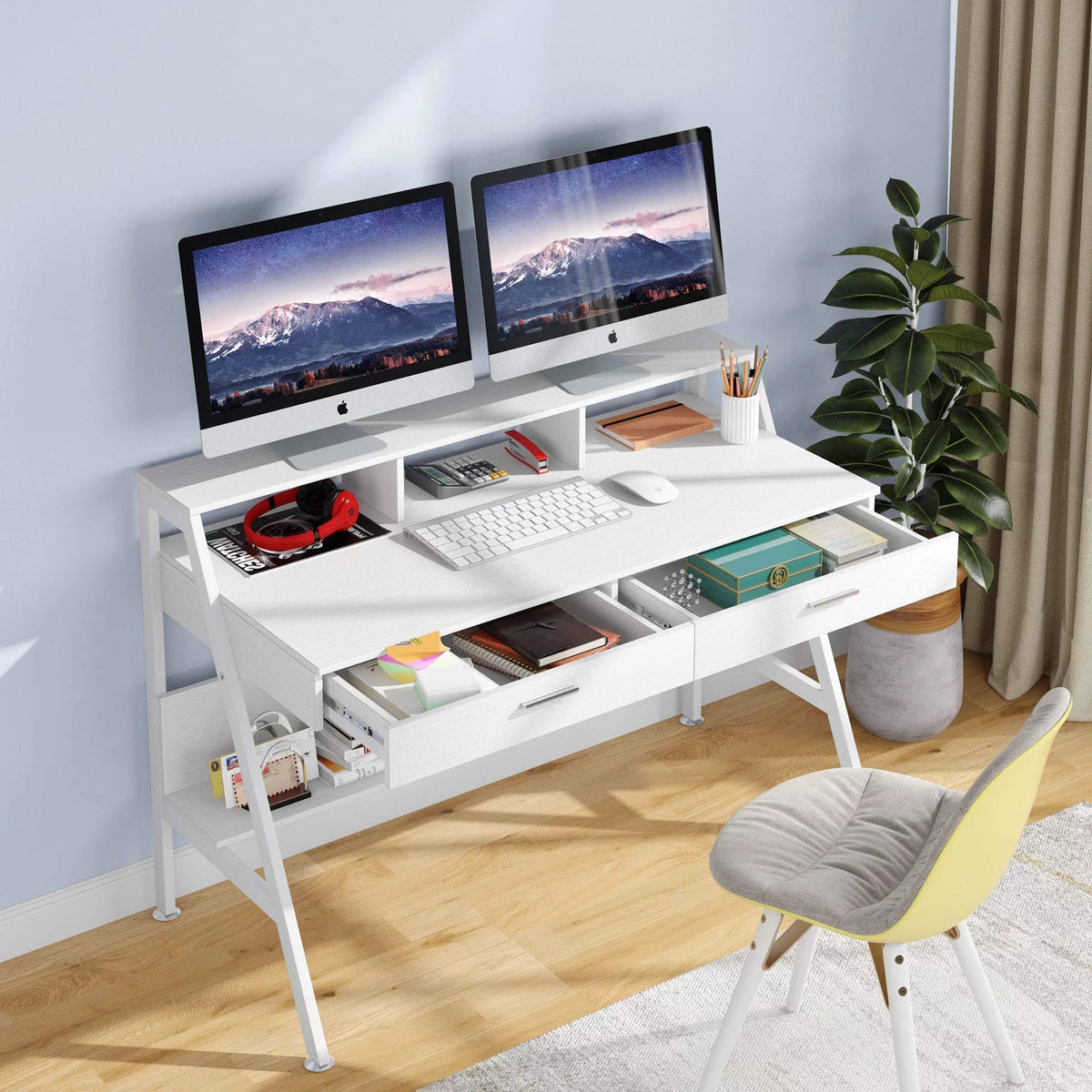 47 Inch Computer Desk with 2 Drawers and Hutch Shelf P814