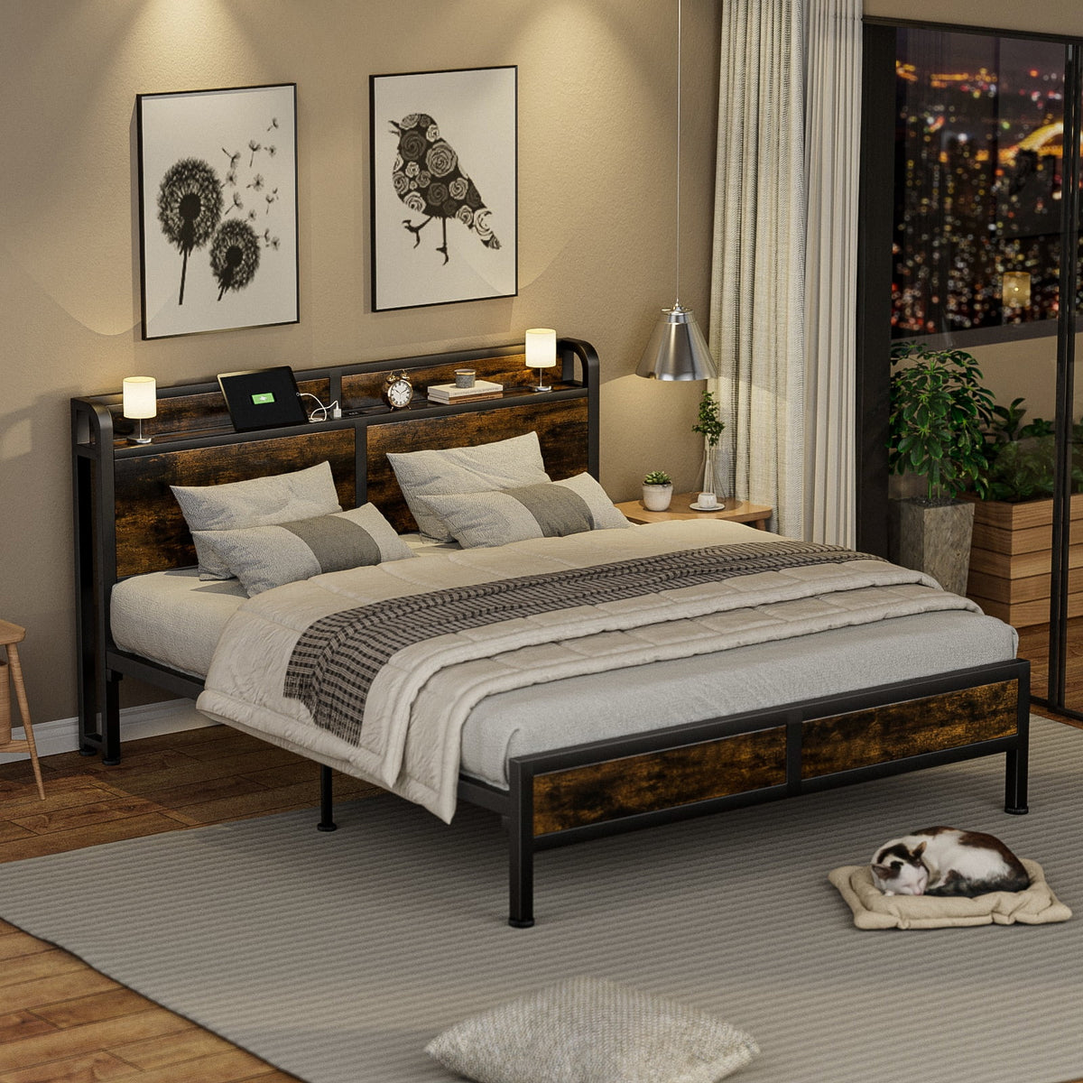 Queen Size Metal Platform Bed Frame with Storage Headboard X866883