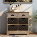 Beige Storage Cabinet with Two Drawers and Four Rattan Basket J529