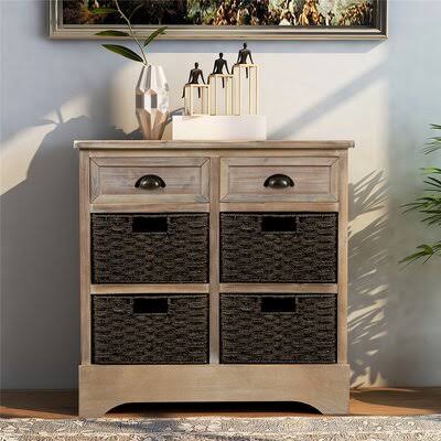 Beige Storage Cabinet with Two Drawers and Four Rattan Basket J529