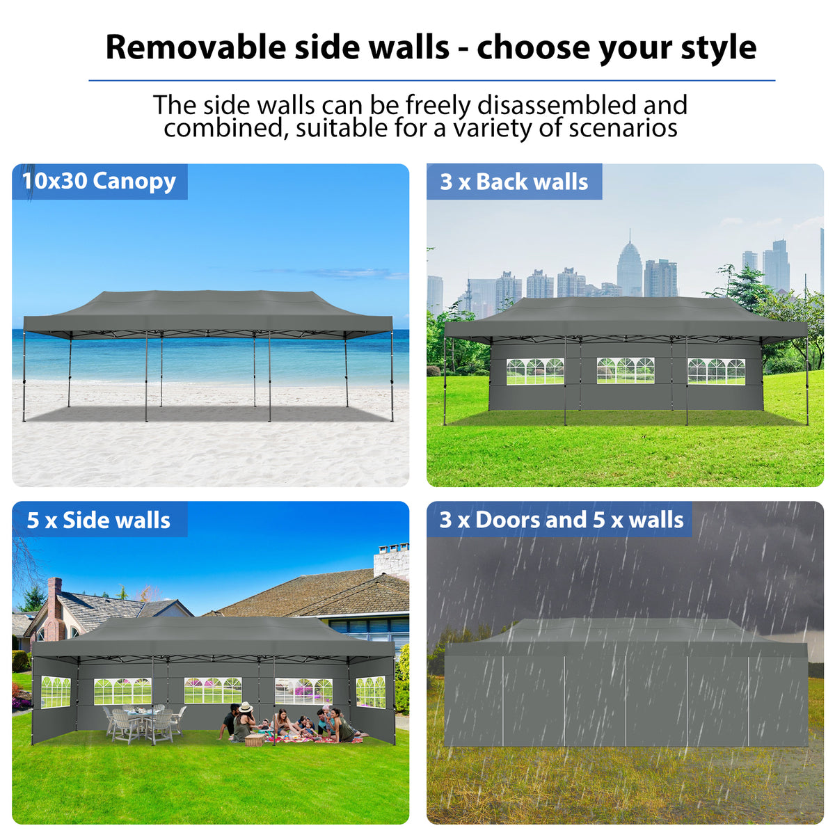 10'x30' Heavy Duty Pop Up Canopy Tent with 8 Removable Sidewalls, Grey A2098