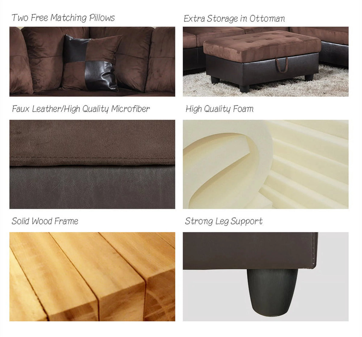 Brown Microfiber Faux Leather Sectional Sofa & Chaise with Ottoman S657578