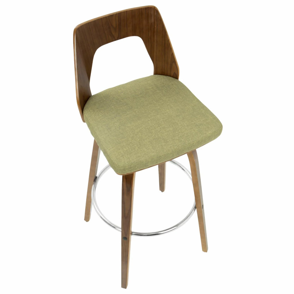 30" Mid-Century Modern Fixed Height Barstool With Swivel In Walnut And Green Fabric - Set Of 2 V1005