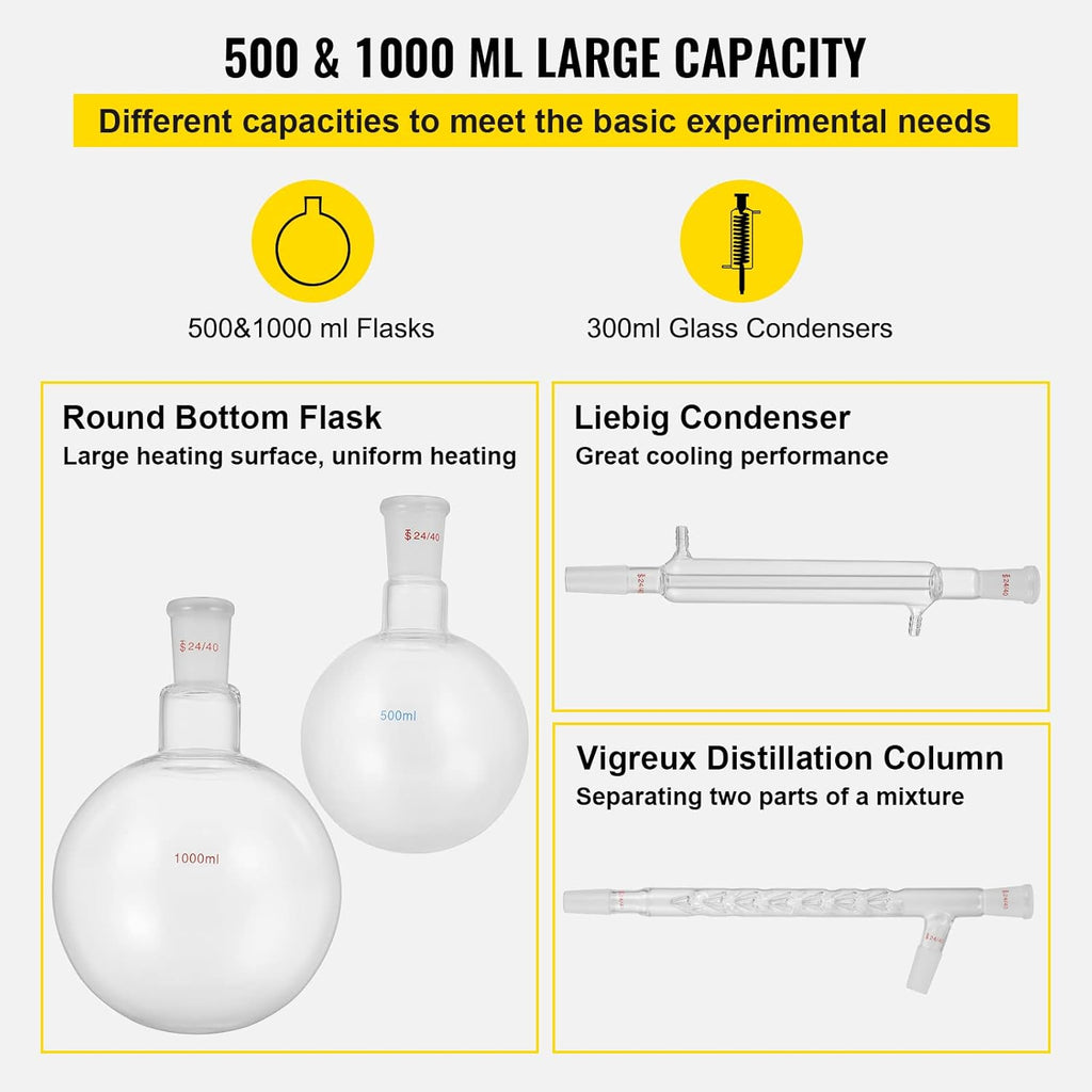 13pcs Borosilicate Glass Distillation Apparatus Kit with 1000ml Round Bottom Flask J69120