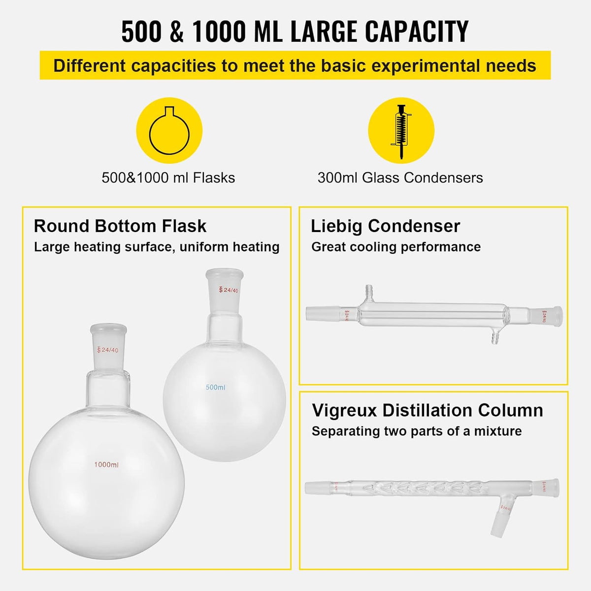 13pcs Borosilicate Glass Distillation Apparatus Kit with 1000ml Round Bottom Flask J69120