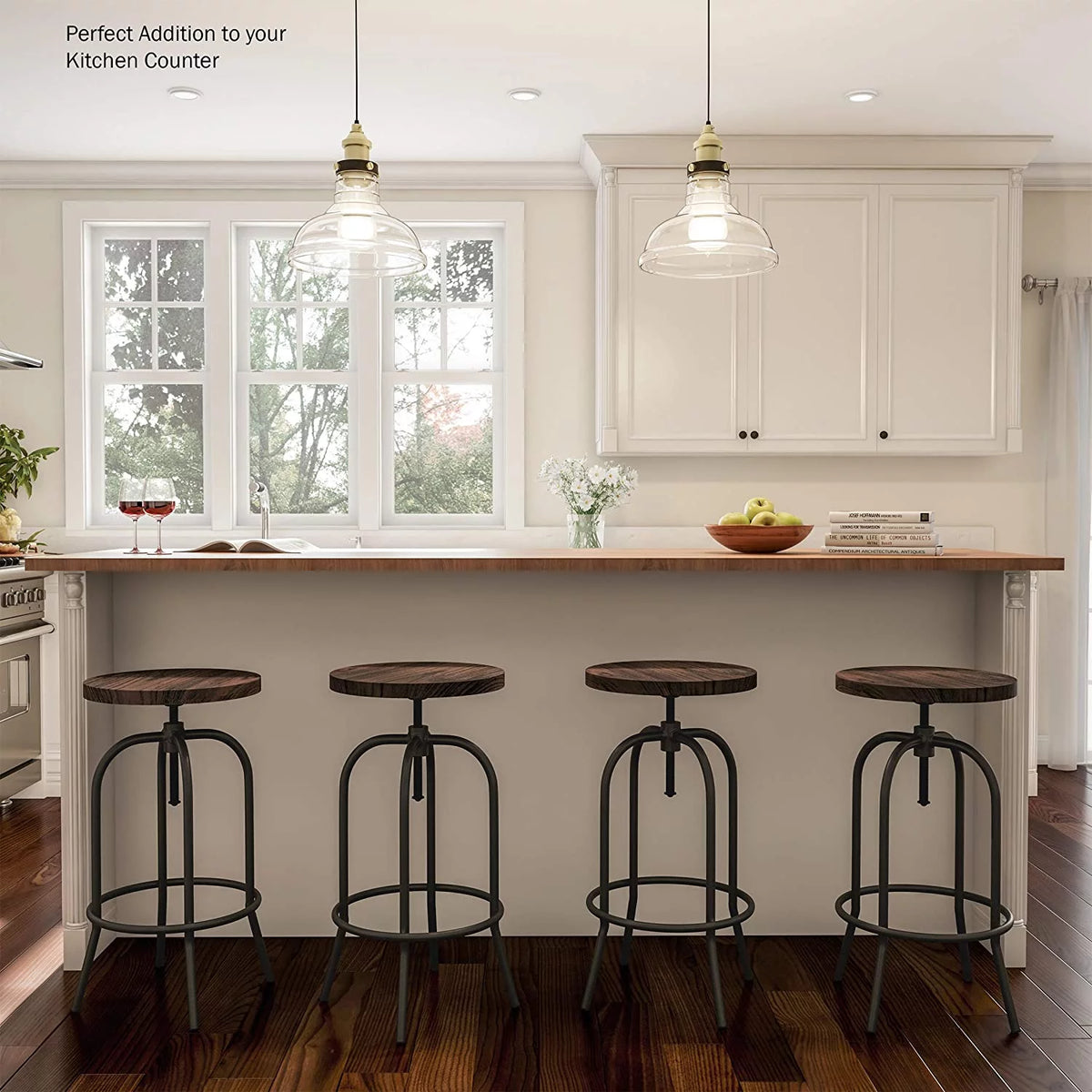 Swivel Adjustable Backless Bar or Counter Height Metal Stool with Elm Wood Seat H2455