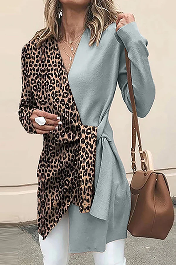 Leopard Patchwork V Neck Outerwear I6109