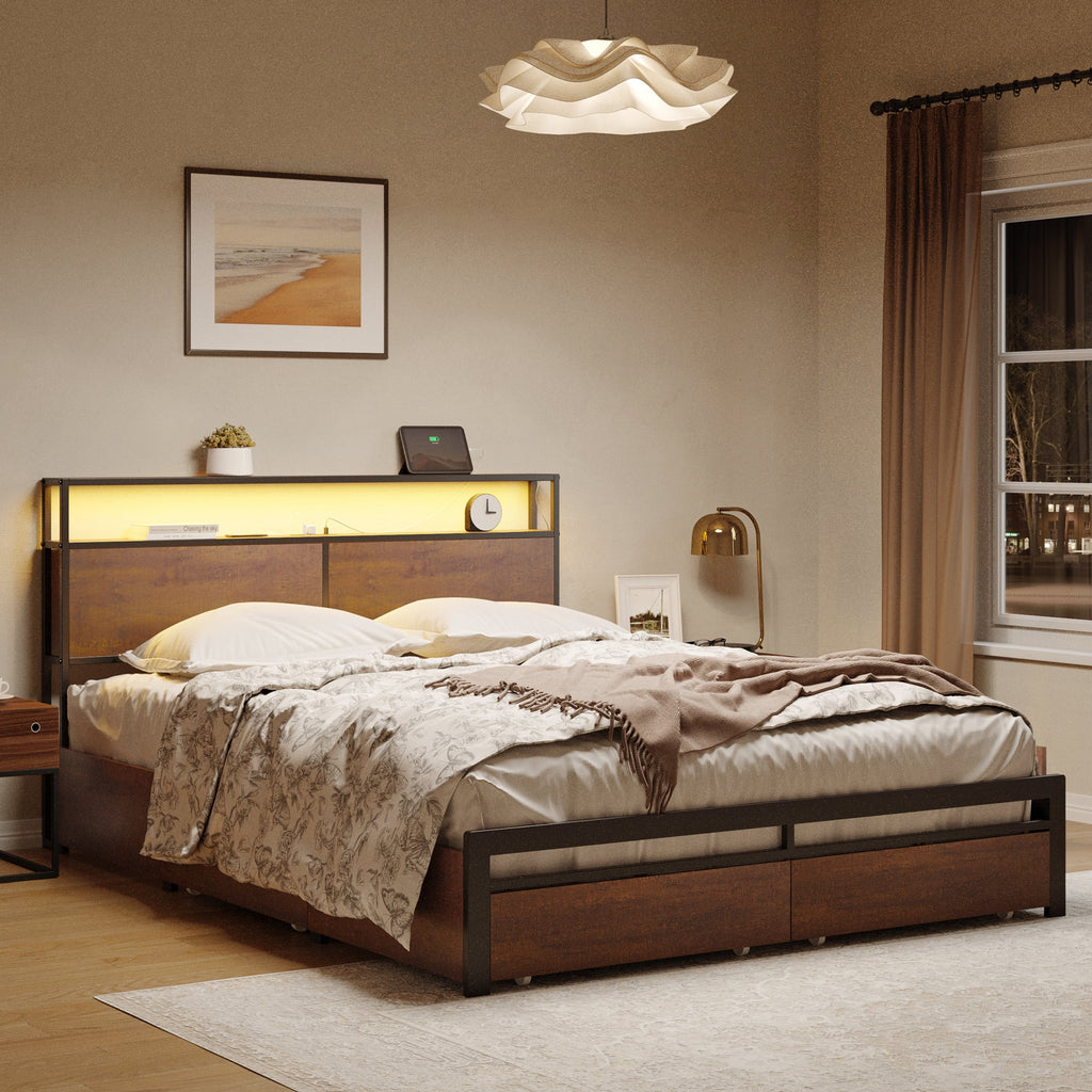 Queen Size Bed Frame with Headboard and 4 Storage Drawers X51551