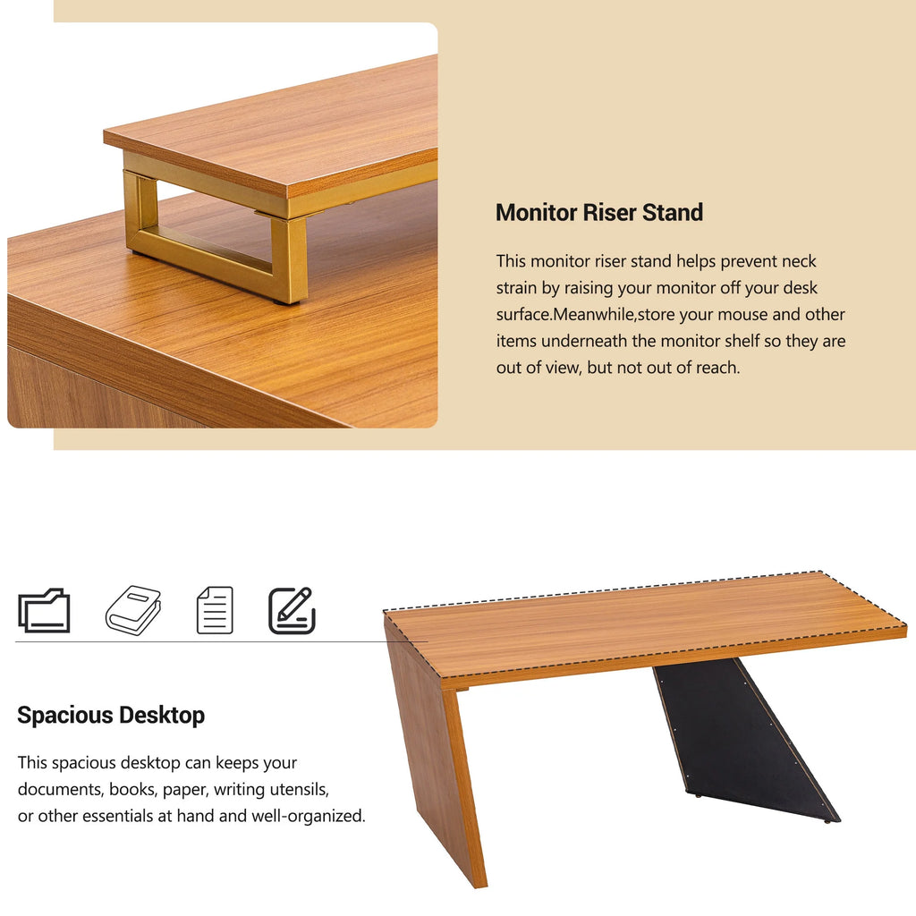 63" Rustic Industrial Wooden Writing Desk with Monitor Stand U3369