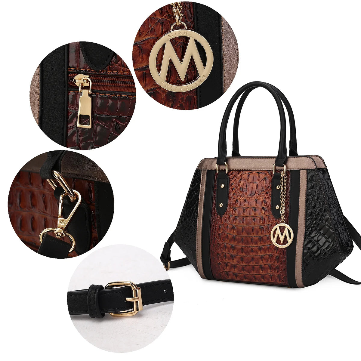 Taupe Chocolate Crocodile-Embossed Satchel Handbag 2-Piece Set E35501