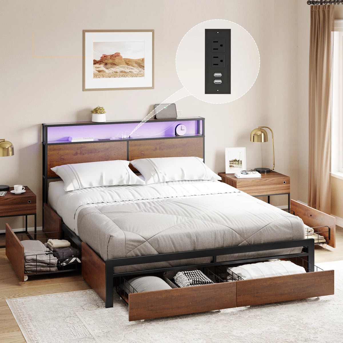 Queen Size Bed Frame with Headboard and 4 Storage Drawers X51551