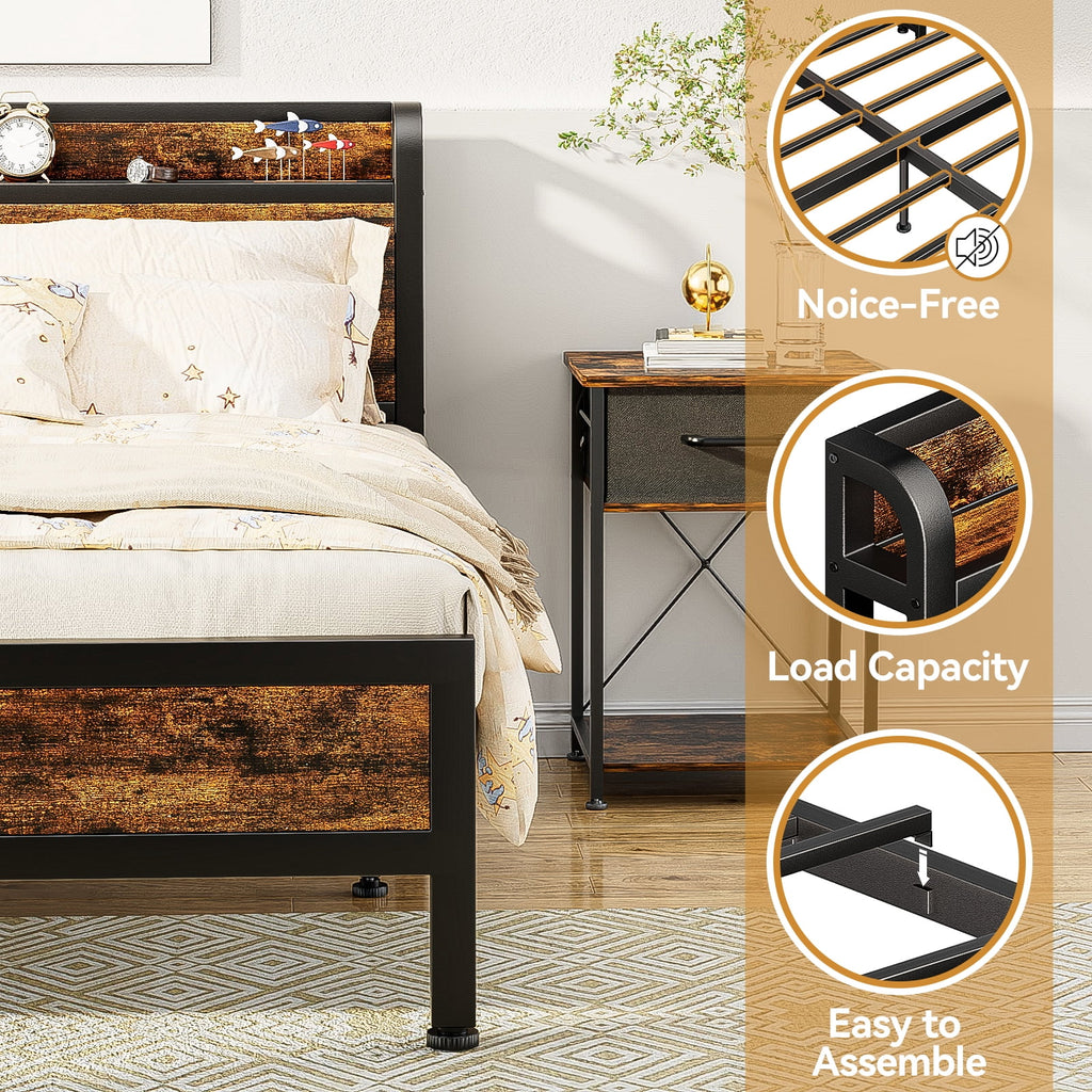 Queen Size Metal Platform Bed Frame with Storage Headboard X866883