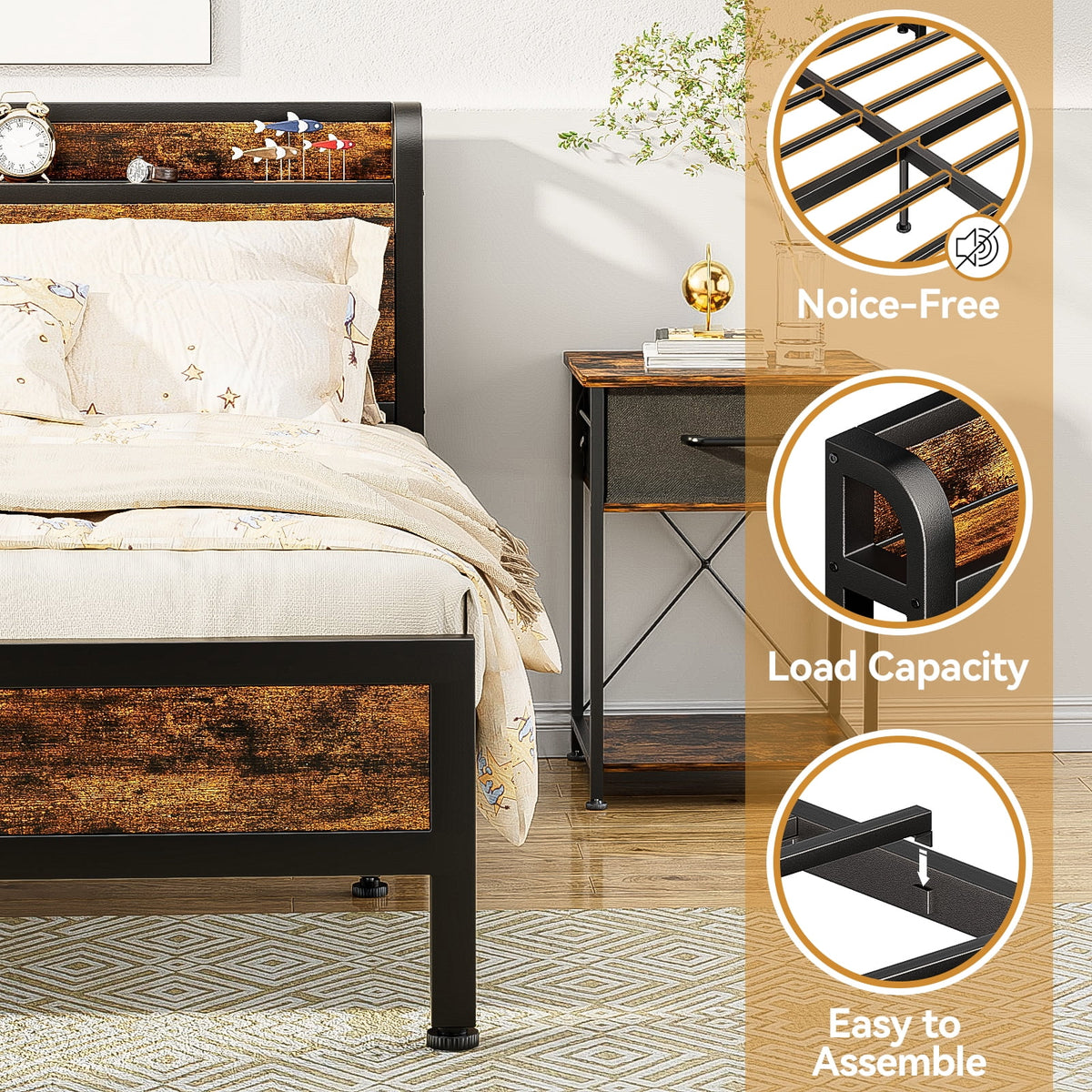 Queen Size Metal Platform Bed Frame with Storage Headboard X866883