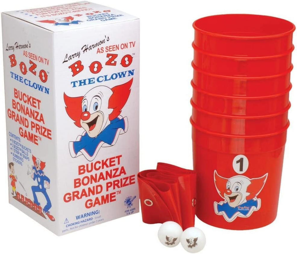 Bozo The Clown Bucket Bonanza Yard Games Pong Set with 6 Durable Buckets, 1 Vinyl Strip and 2 Balls H57824