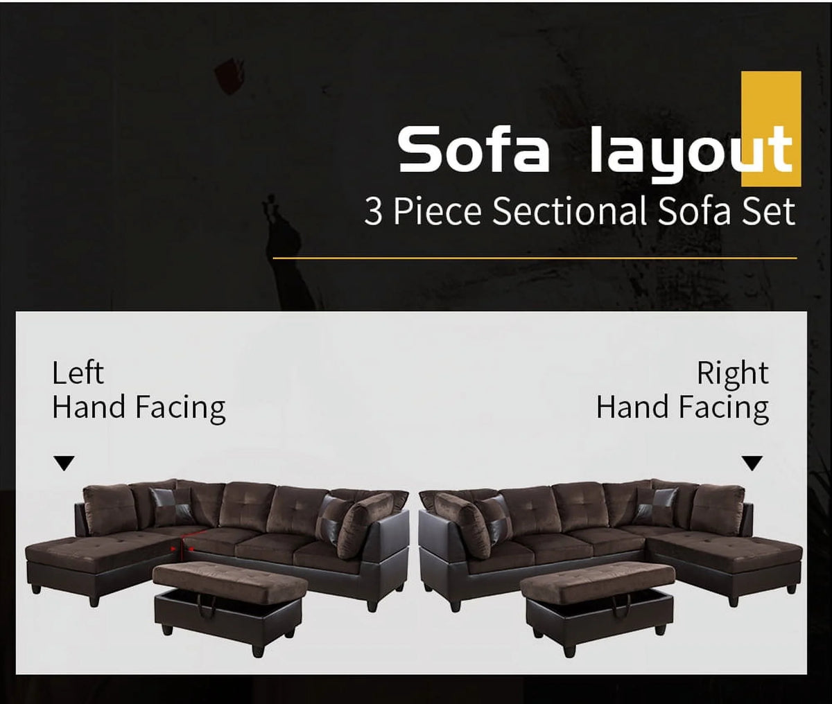 Brown Microfiber Faux Leather Sectional Sofa & Chaise with Ottoman S657578