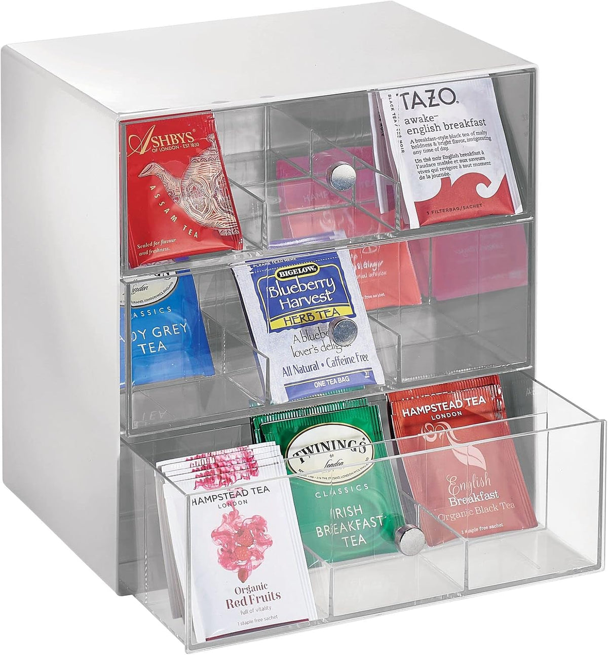 White/Clear Plastic 3 Drawer Tea Bag Caddy Box Storage Container Organizer Holder U734