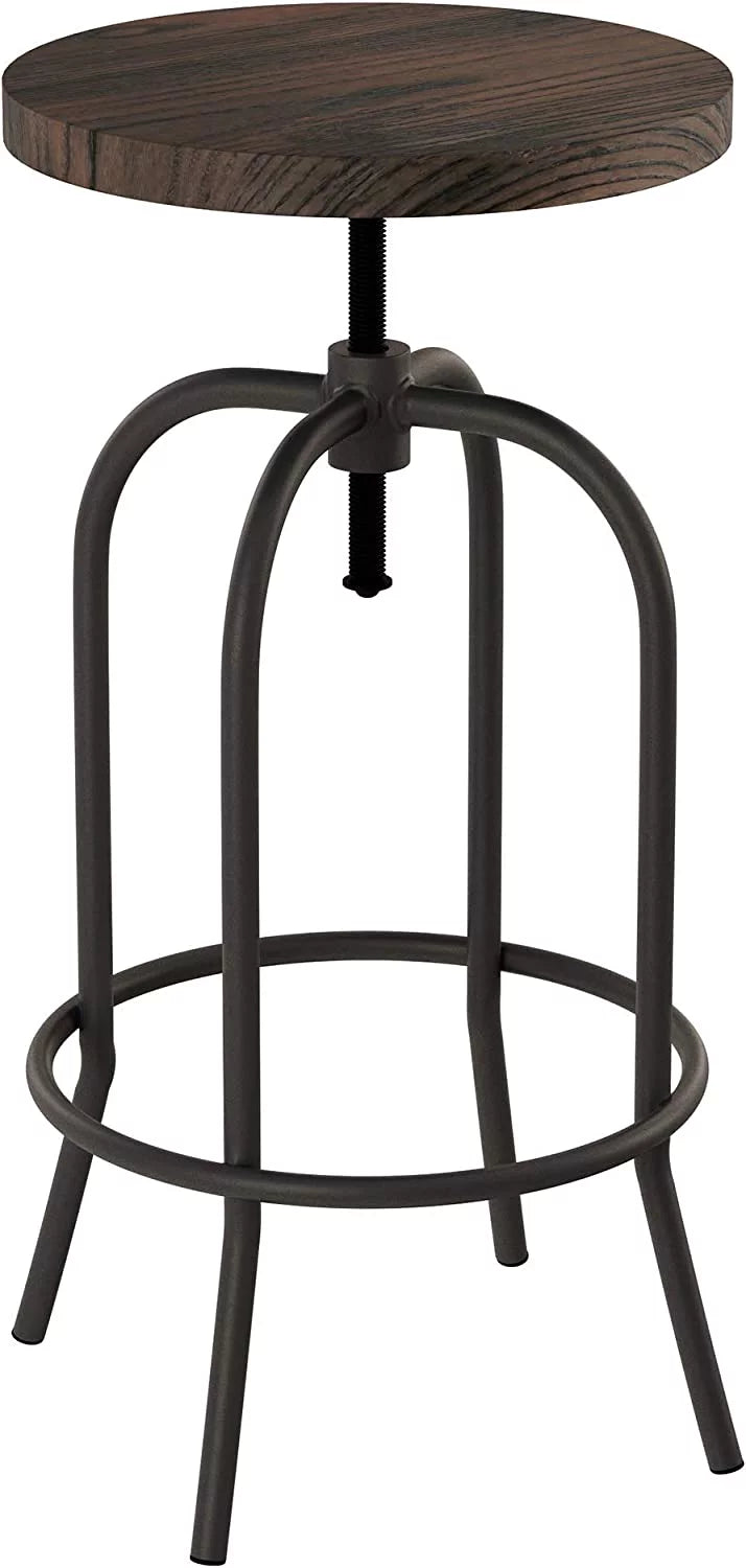 Swivel Adjustable Backless Bar or Counter Height Metal Stool with Elm Wood Seat H2455