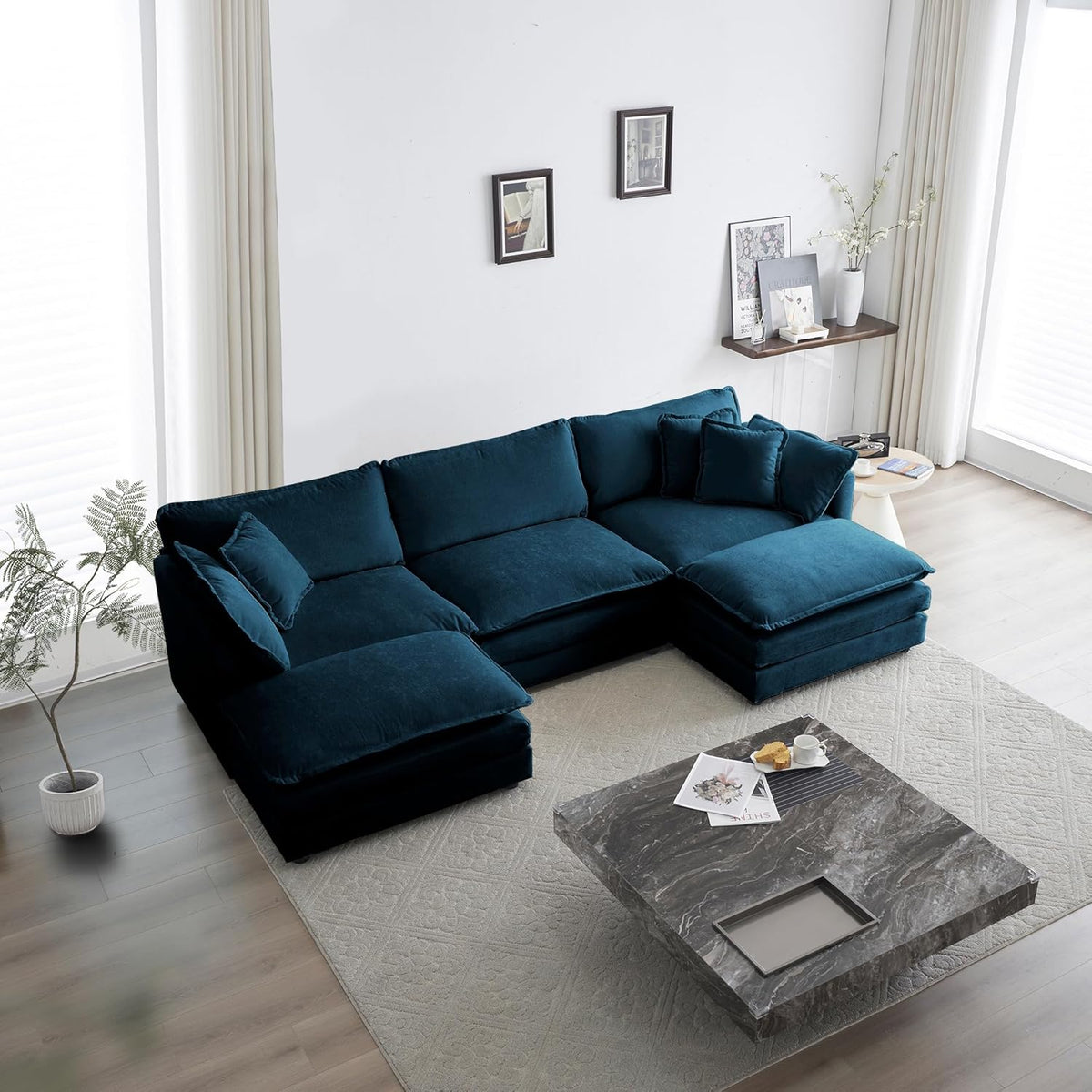 U Shaped Convertible Modular Sectional Sofa with Movable Ottomans, 5-Seater Deep Seat Chenille Upholstered Sleeper Sofa N6693