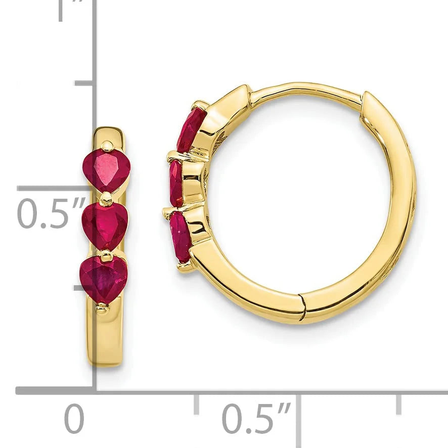 10K Yellow Gold Created Ruby Hinged Hoop Earrings O671