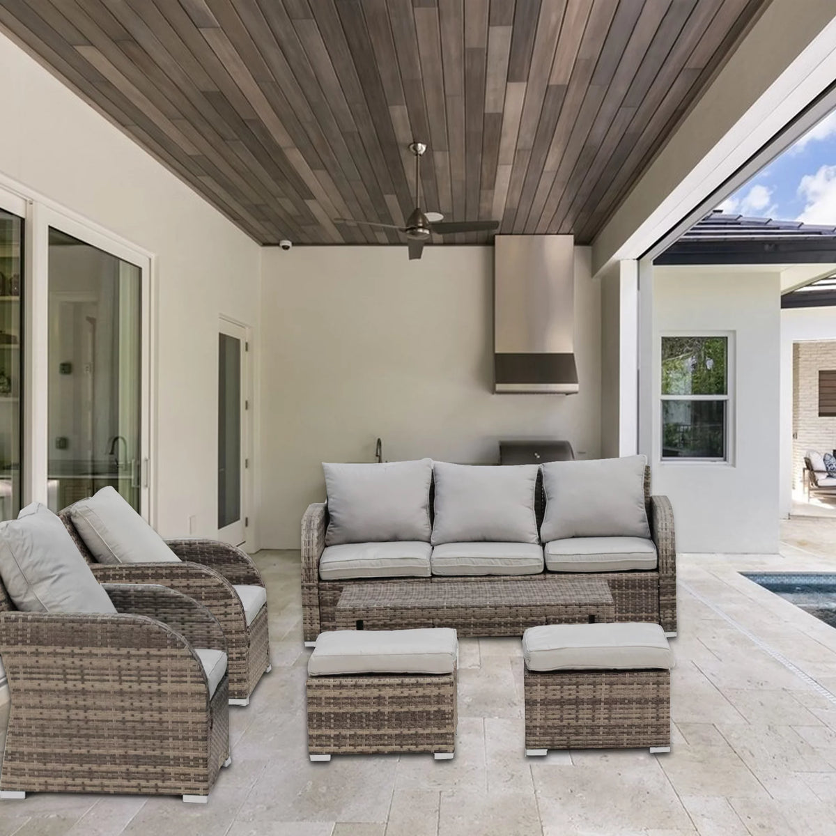 6 Piece Rattan Outdoor Sectional Seating Group with Cushions N371112