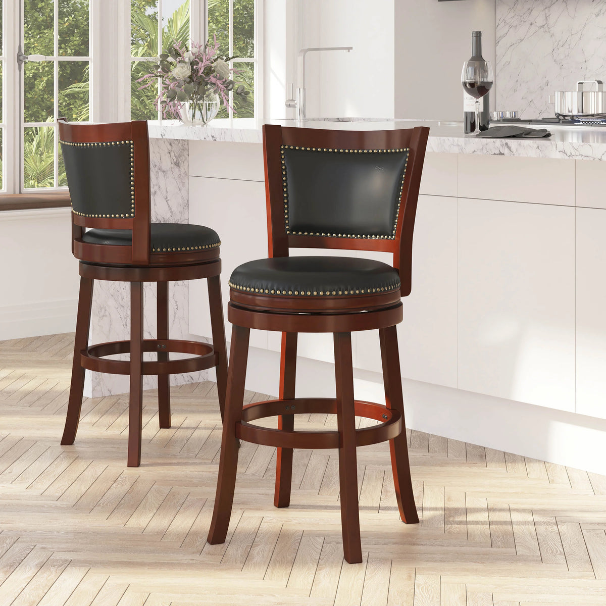 Dark Cherry Wooden Counter Height Stool with Faux Leather Seat D881028