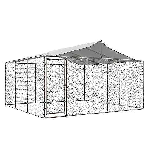 Large Outdoor Galvanized Steel Dog Kennel with Cover, 90" L x 90" W x 65" H Z323042