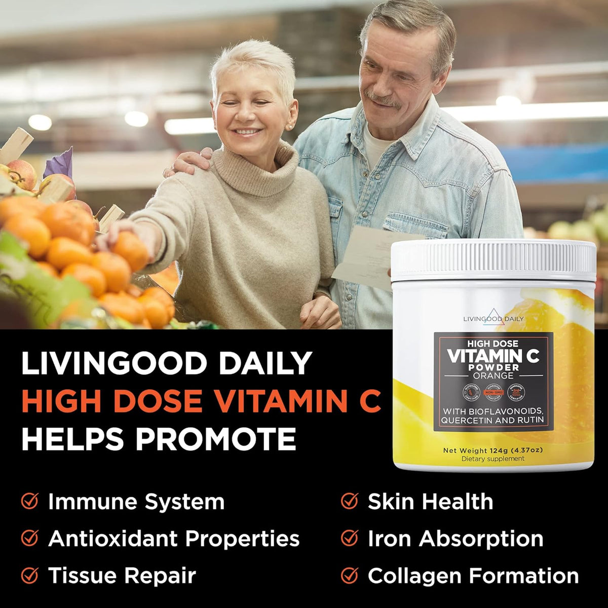 Vitamin C Powder Supplement - 2,600mg Ascorbic Acid Powder with Quercetin & Citrus Bioflavonoids - Vegan, 30 Servings J774