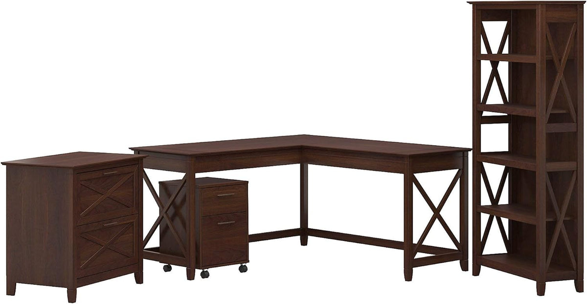 L Shaped Desk with File Cabinets and 5 Shelf Bookcase C67795