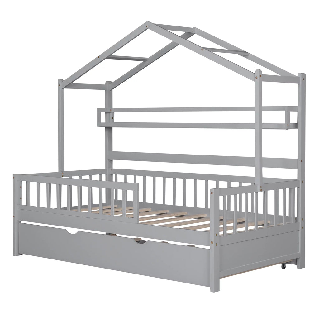 Wood Twin Size House Bed with Bookcase and Trundle E82367