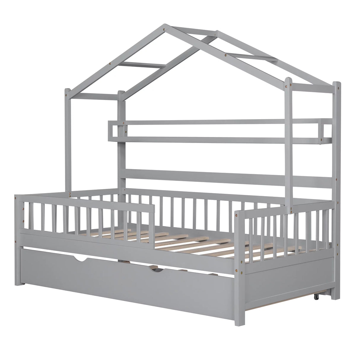 Wood Twin Size House Bed with Bookcase and Trundle E82367
