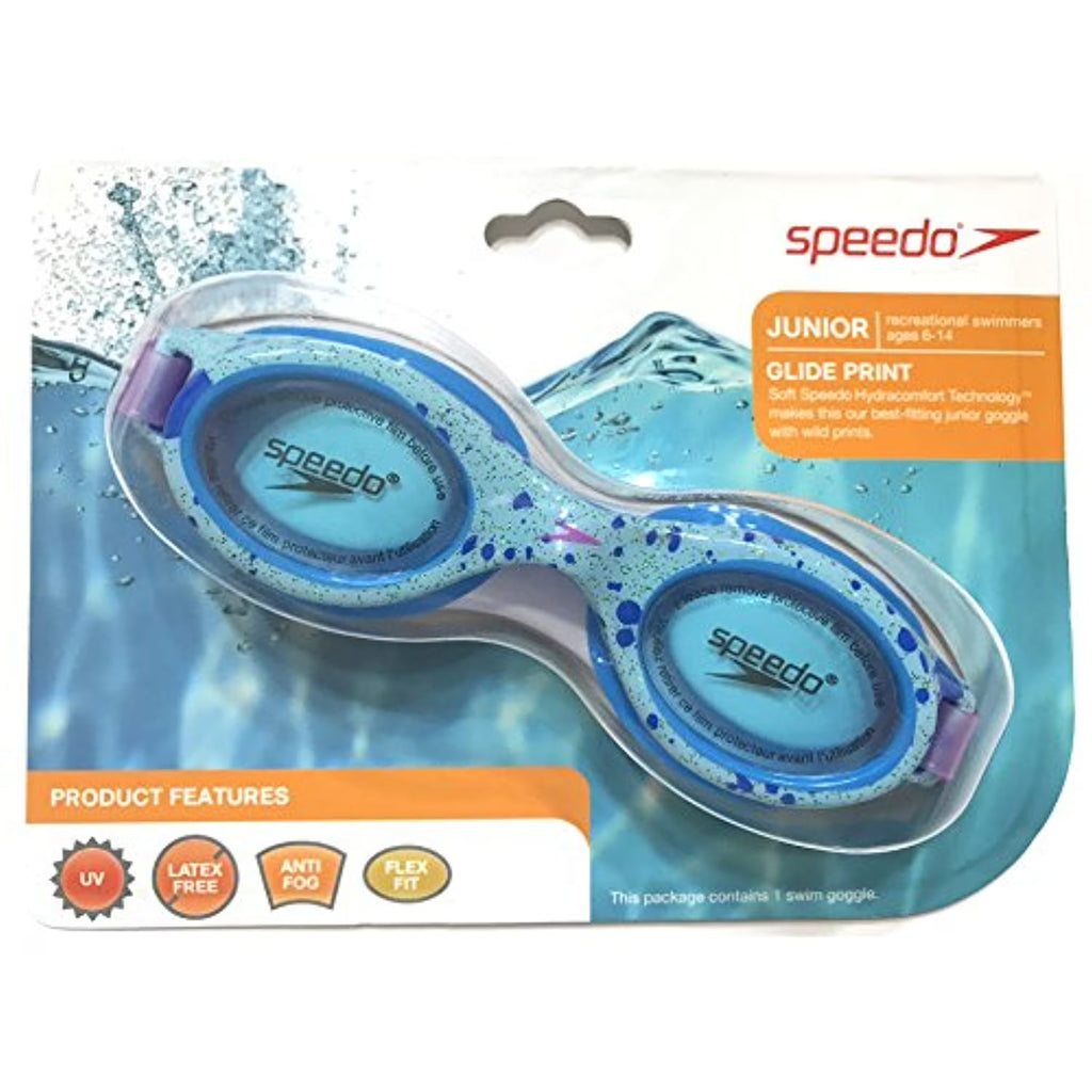 Junior Glide Print Swimming Goggles, Aqua with Blue Paint Splatter, Latex-Free, UV Protection, Anti-Fog G9412