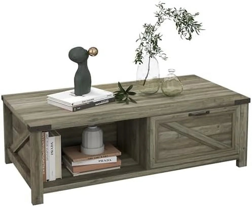 White Farmhouse Coffee Table with Drawer and Open Shelf K797119