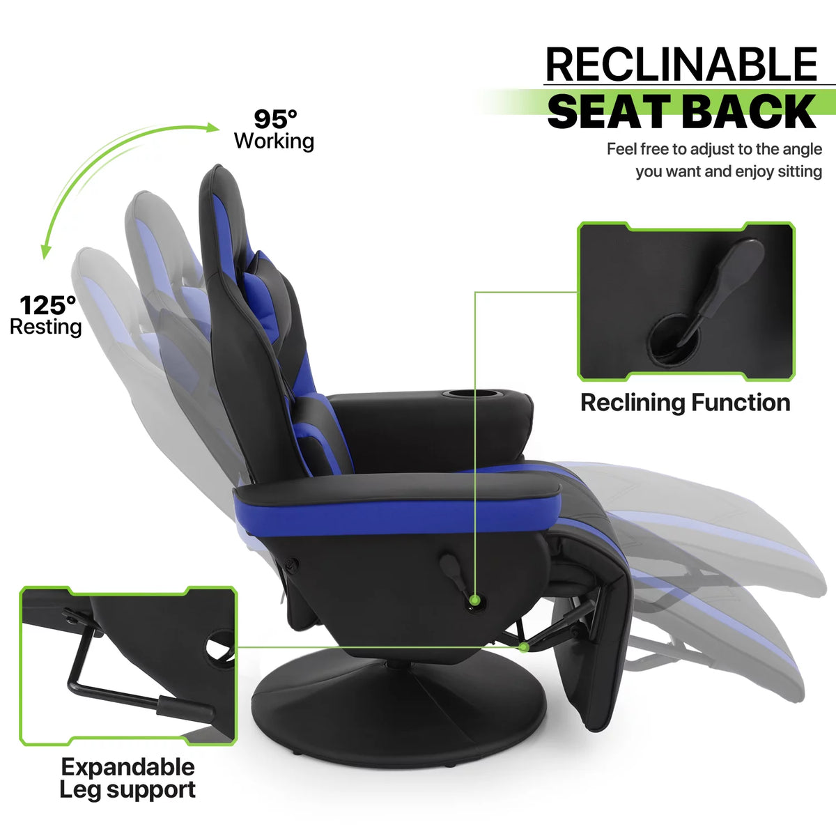 Blue Leather Gaming Recliner Chair with Cup Holder H9351