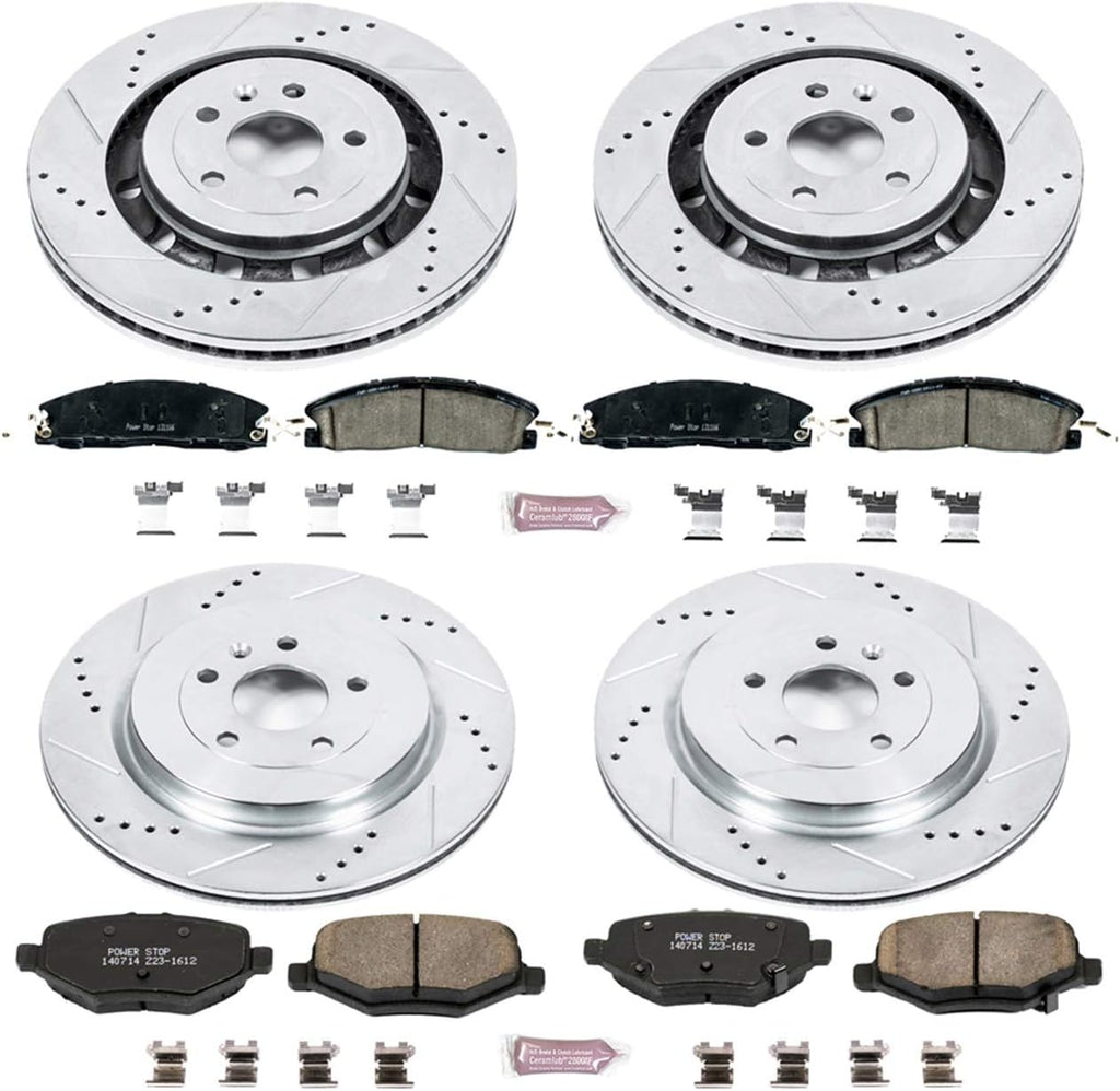 Front and Rear Carbon Fiber Brake Pads with Drilled & Slotted Brake Rotors Kit W8040