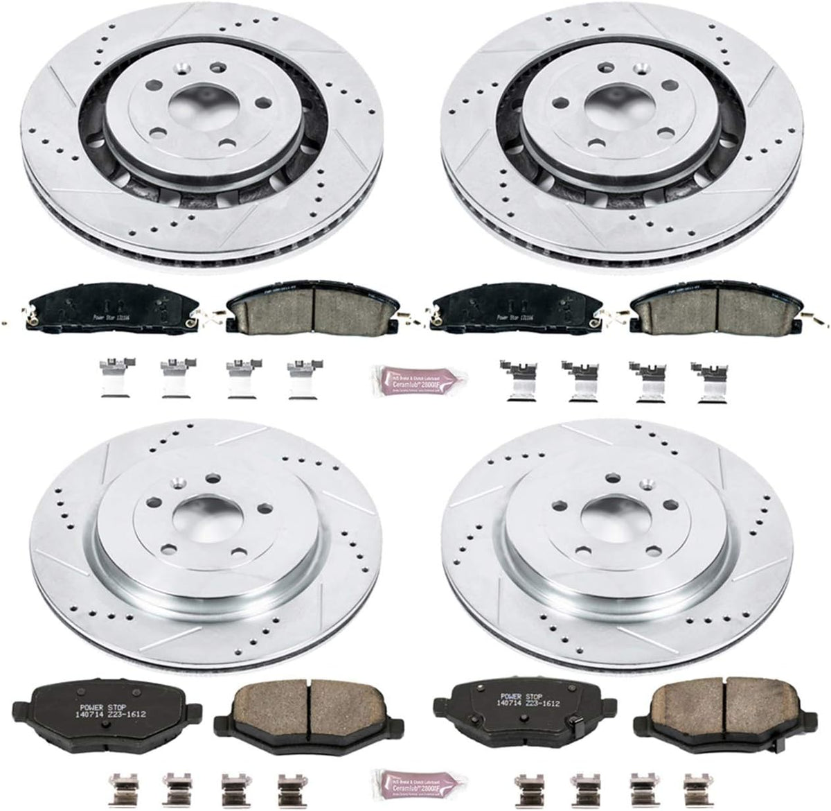 Front and Rear Carbon Fiber Brake Pads with Drilled & Slotted Brake Rotors Kit W8040