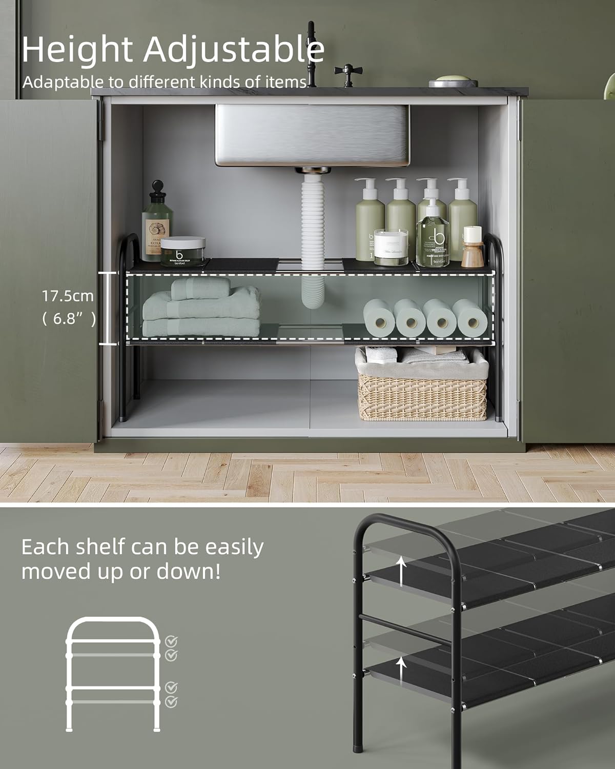 2 Tier Expandable Under Sink Organizer Shelf with 8 Removable Panels M920320