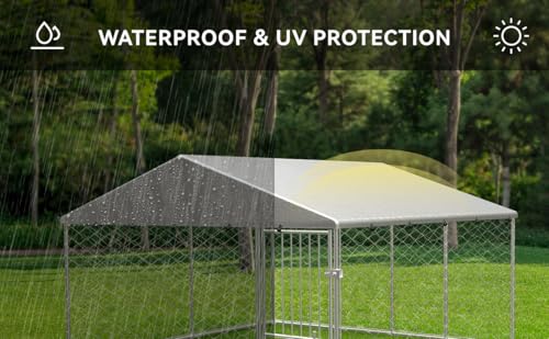 Large Outdoor Galvanized Steel Dog Kennel with Cover, 90" L x 90" W x 65" H Z323042