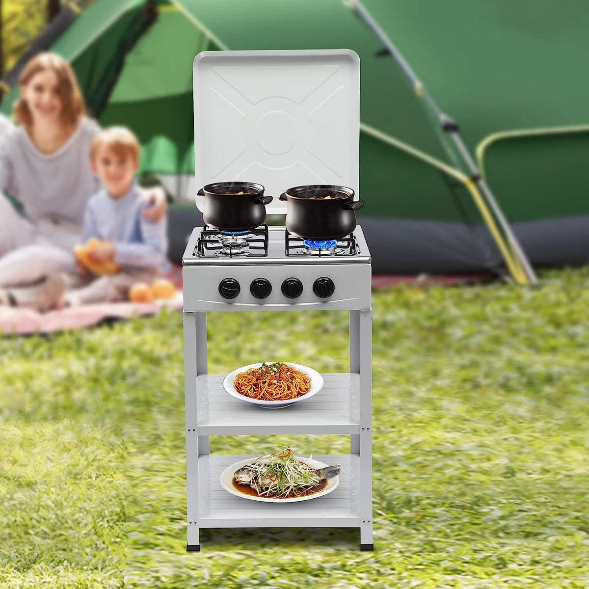 Portable 4 Burner Gas Stove with Support Leg Stand and Storage Rack R963546