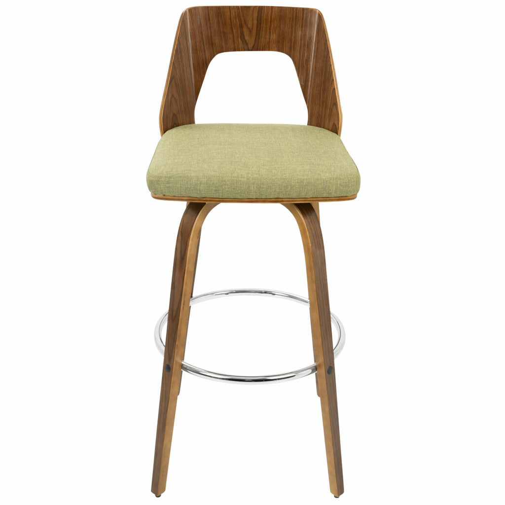 30" Mid-Century Modern Fixed Height Barstool With Swivel In Walnut And Green Fabric - Set Of 2 V1005