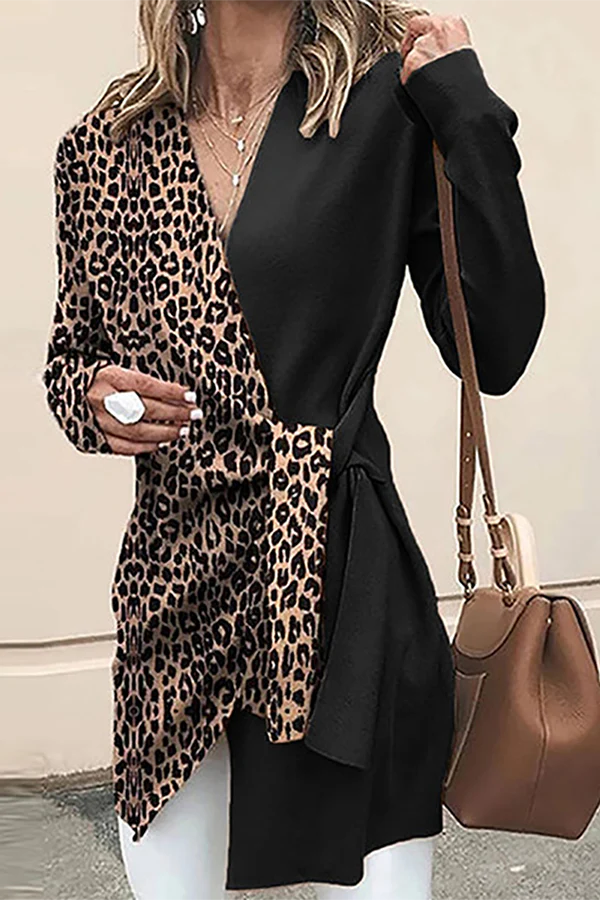 Leopard Patchwork V Neck Outerwear I6109