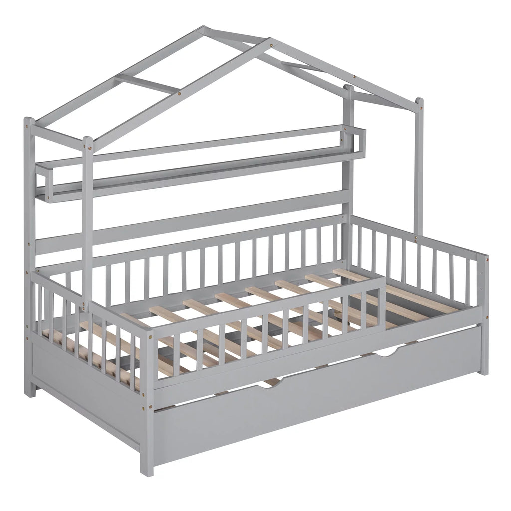 Wood Twin Size House Bed with Bookcase and Trundle E82367