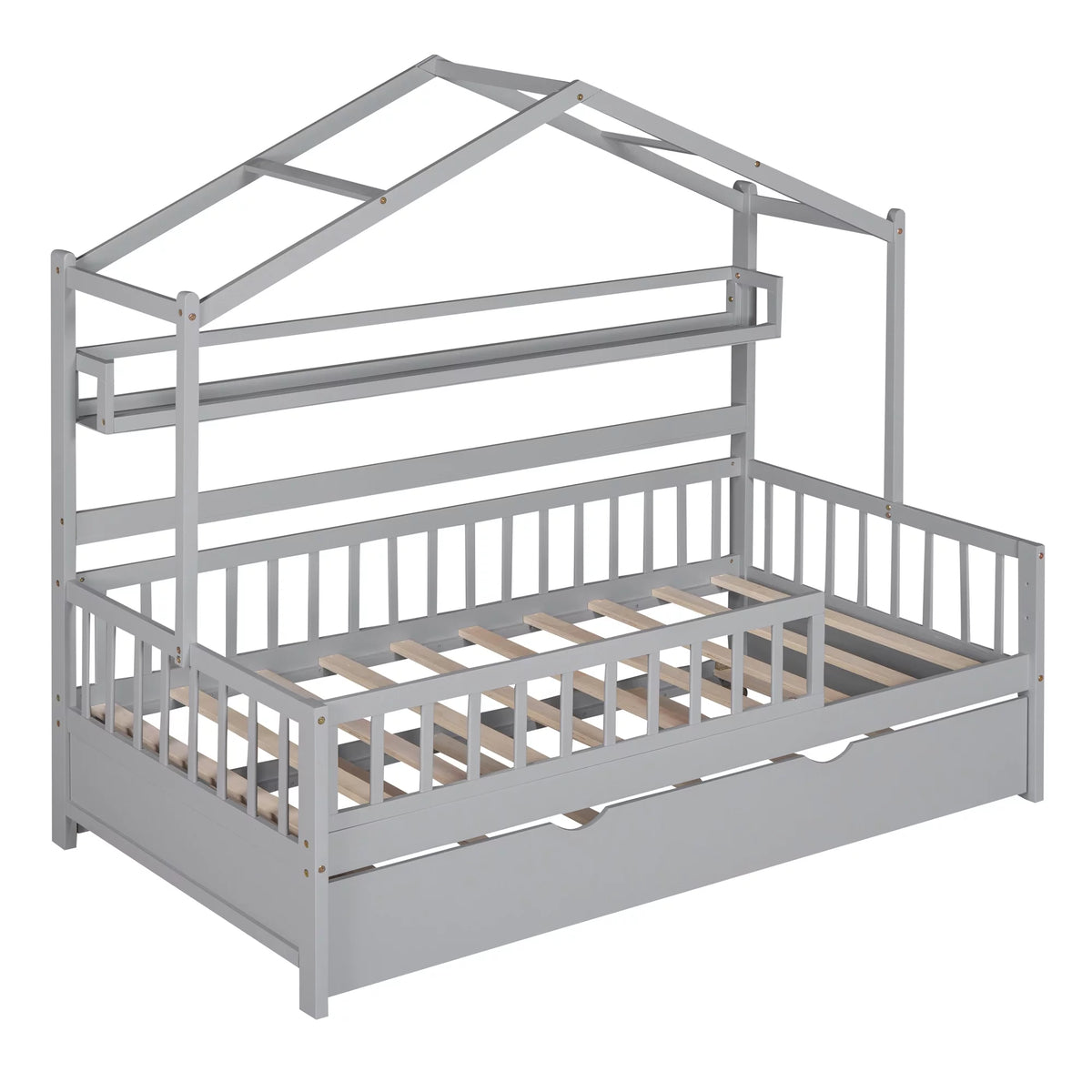 Wood Twin Size House Bed with Bookcase and Trundle E82367