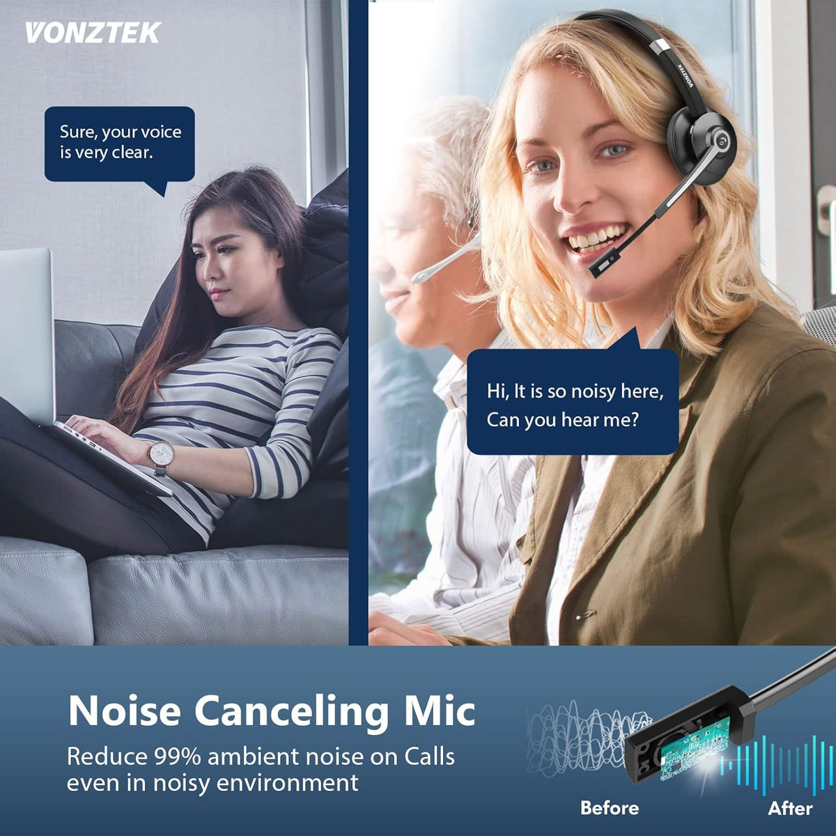 Bluetooth Headset with Microphone, Wireless Headphones with Mic, Noise Canceling, Hands Free Headsets, Pack of 2 O9562